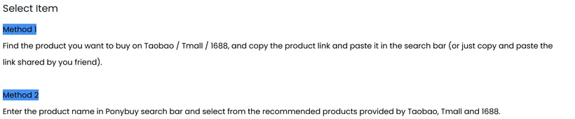 The official Select Item article showing Method 1, paste a product link, and Method 2, type a product name and pick from Taobao, Tmall and 1688 results