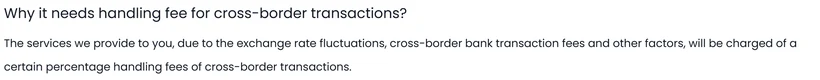 The official answer to why a handling fee is charged for cross-border transactions, naming exchange rate fluctuations and bank fees as the reasons