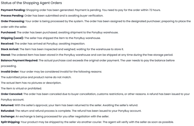 The official order status list, each status in bold followed by one sentence of explanation, starting at Payment Pending and running through Split Shipping