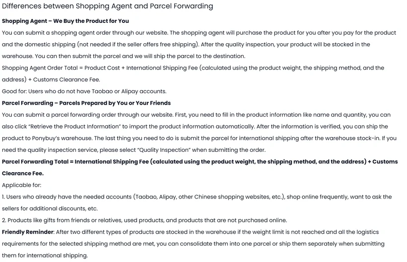 The official comparison of shopping agent and parcel forwarding, with a total cost formula for each and a line naming who each service suits