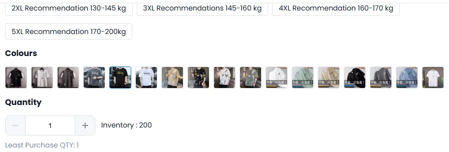 PonyBuy listing with size bands, colour thumbnails and a quantity field