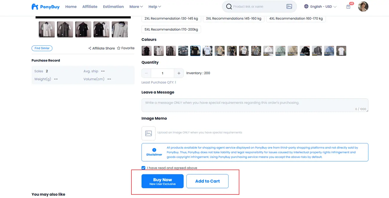 A full PonyBuy product page showing photographs, size buttons, colour thumbnails, quantity, a message box, an image upload and the buy buttons