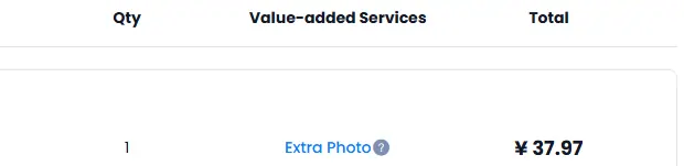 The right hand side of a PonyBuy order line showing unit price, quantity, a value added services column containing Extra Photo, and a total