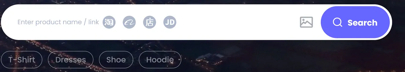 The PonyBuy search bar showing the placeholder Enter product name or link, four circular platform marks, an image search icon and a purple Search button
