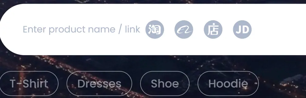 Close view of the left end of the PonyBuy search box showing the placeholder text and four grey circular platform marks