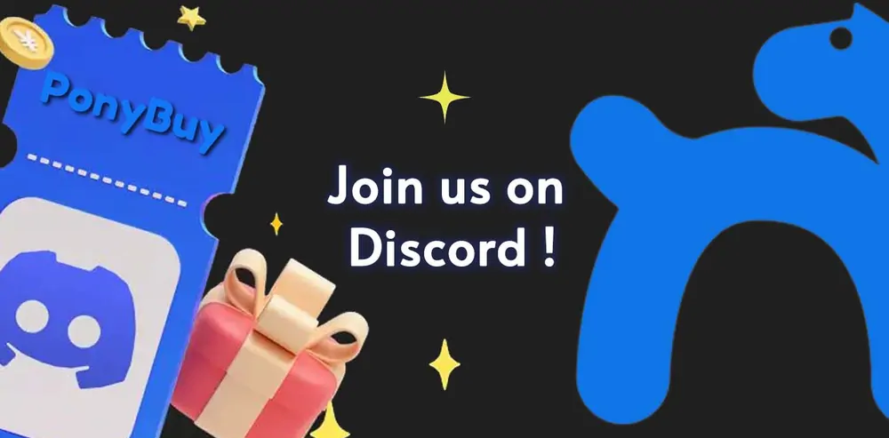 The official PonyBuy Discord banner: a dark panel with the pony mark, a gift box and the Discord logo