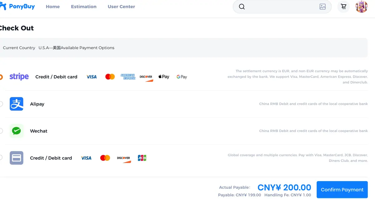 The PonyBuy checkout page showing the current country as U.S.A and a list of available payment methods with an amount payable
